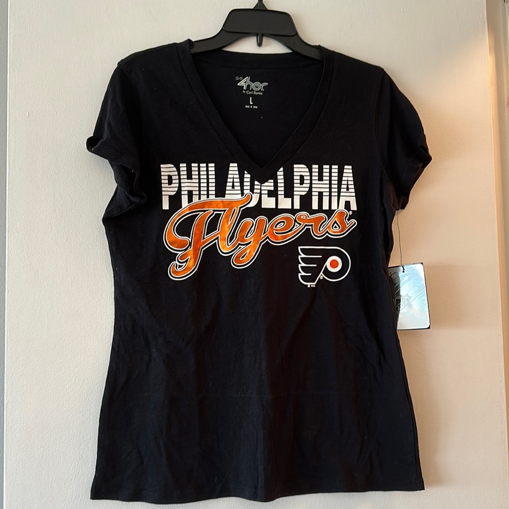Philadelphia Flyers Women’s Black V-Neck T-Shirt G-III 4Her NWT Size Large